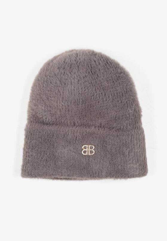 Szara Czapka Typu Beanie z Wełną i Wiskozą Ozdobiona Naszywką Borirra 1