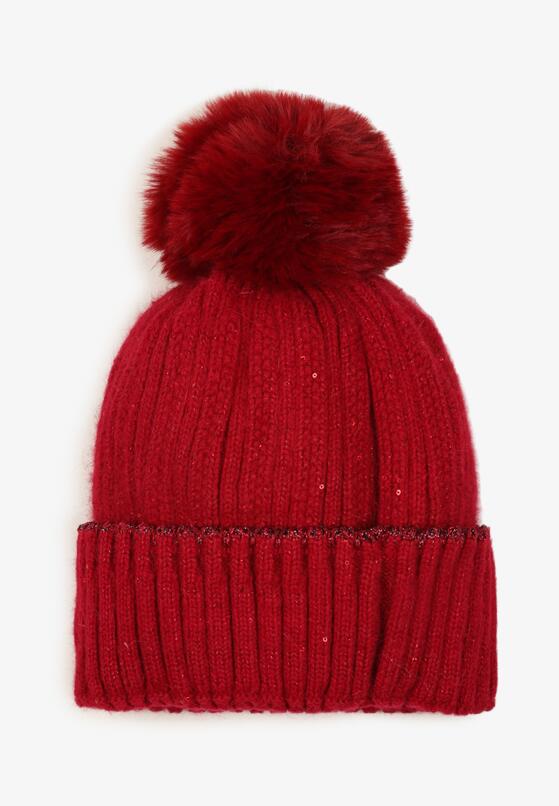 Bordowa Czapka w Stylu Beanie z Pomponem i Metaliczną Nicią Medelia 1