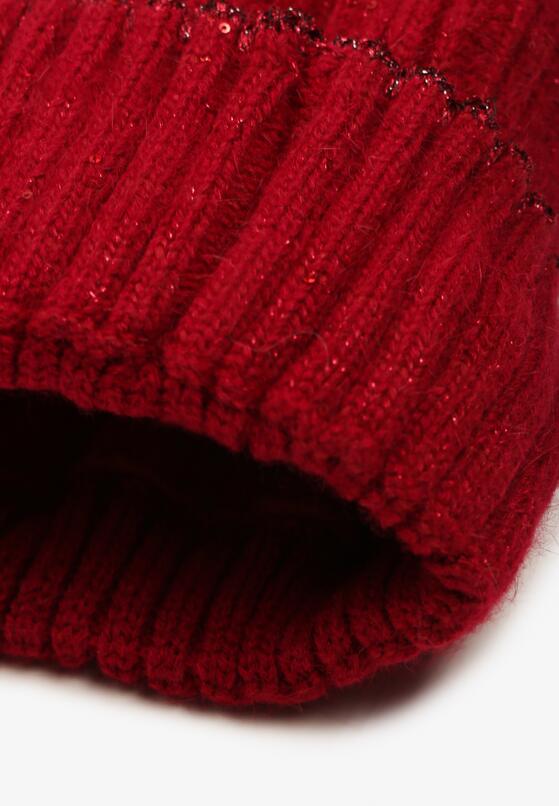 Bordowa Czapka w Stylu Beanie z Pomponem i Metaliczną Nicią Medelia 2