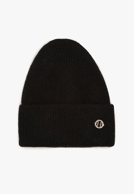 Czarna Czapka z Angorą w Stylu Beanie Ozdobiona Aplikacją Delarielis 1