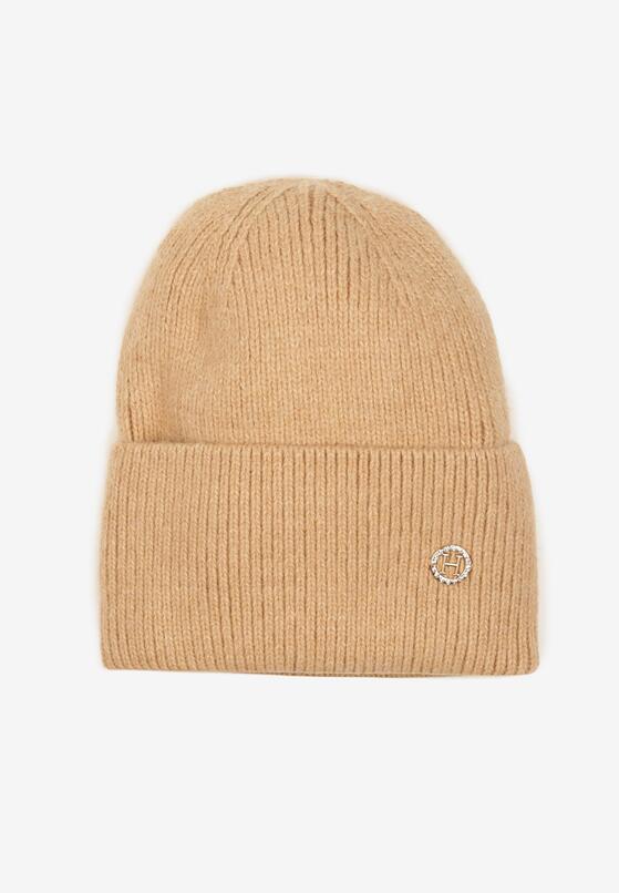 Beżowa Czapka z Angorą w Stylu Beanie Ozdobiona Aplikacją Delarielis 1