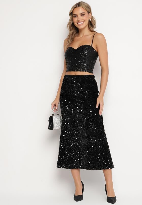 Czarny Top na Ramiączkach z Dekoltem w Kształcie Serca Zdobiony Cekinami Senelle 2