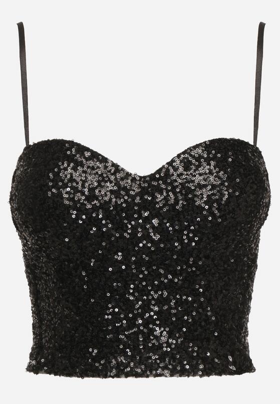 Czarny Top na Ramiączkach z Dekoltem w Kształcie Serca Zdobiony Cekinami Senelle 6