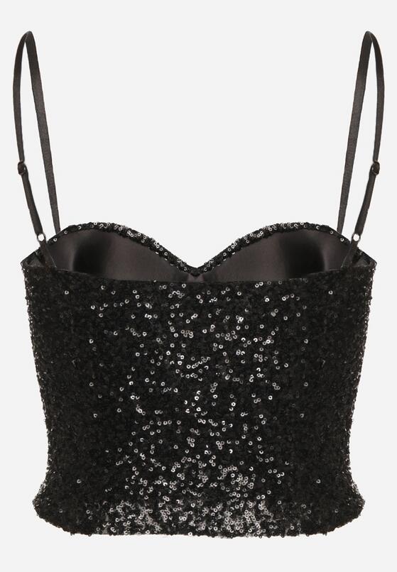 Czarny Top na Ramiączkach z Dekoltem w Kształcie Serca Zdobiony Cekinami Senelle 7