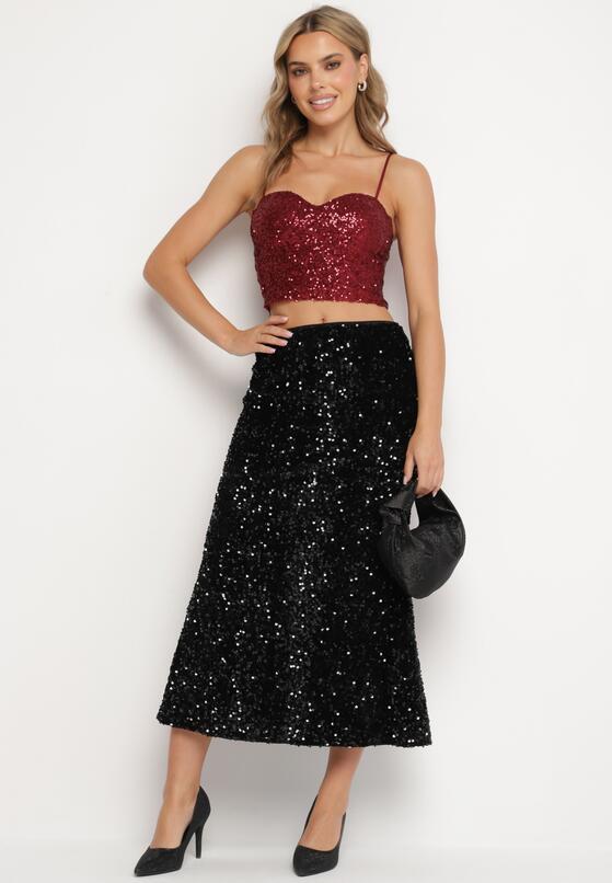 Bordowy Top na Ramiączkach z Dekoltem w Kształcie Serca Zdobiony Cekinami Senelle 2