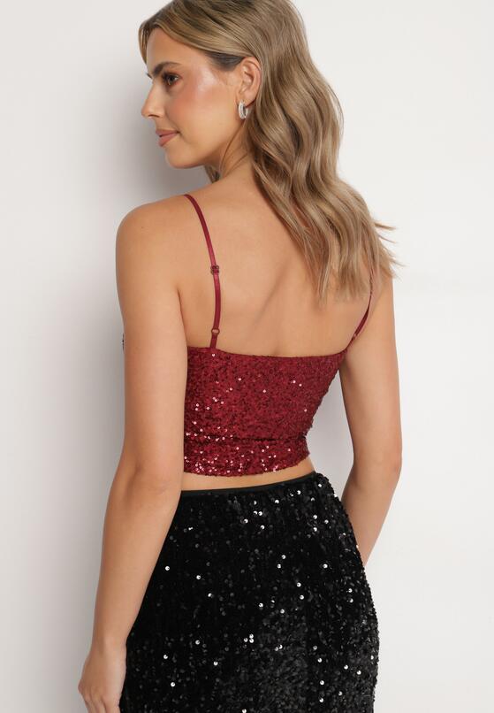 Bordowy Top na Ramiączkach z Dekoltem w Kształcie Serca Zdobiony Cekinami Senelle 3