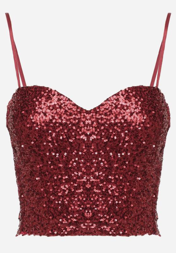 Bordowy Top na Ramiączkach z Dekoltem w Kształcie Serca Zdobiony Cekinami Senelle 6