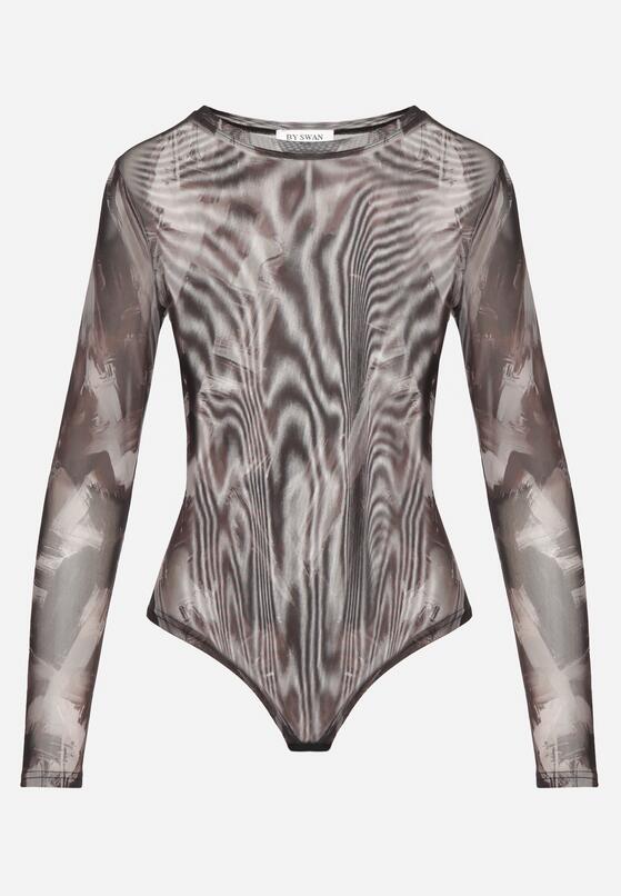 Brązowe Dopasowane Body Longsleeve z Siateczkowego Materiału z Wiskozą Listaria 4