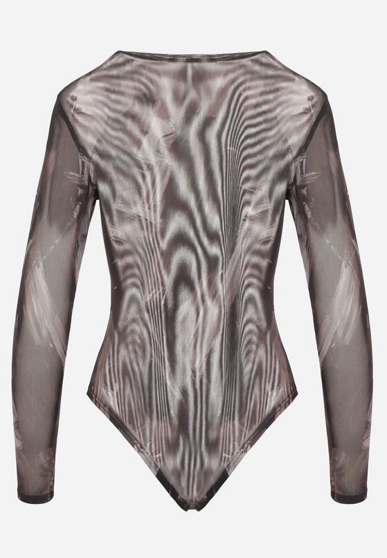 Brązowe Dopasowane Body Longsleeve z Siateczkowego Materiału z Wiskozą Listaria 5