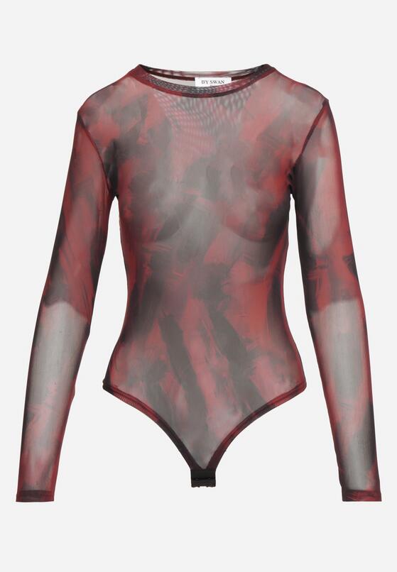 Bordowe Dopasowane Body Longsleeve z Siateczkowego Materiału z Wiskozą Listaria 4