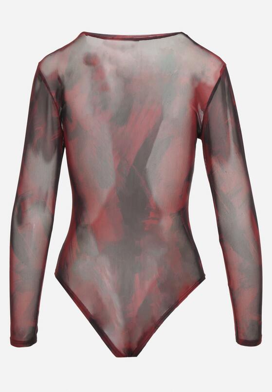 Bordowe Dopasowane Body Longsleeve z Siateczkowego Materiału z Wiskozą Listaria 5