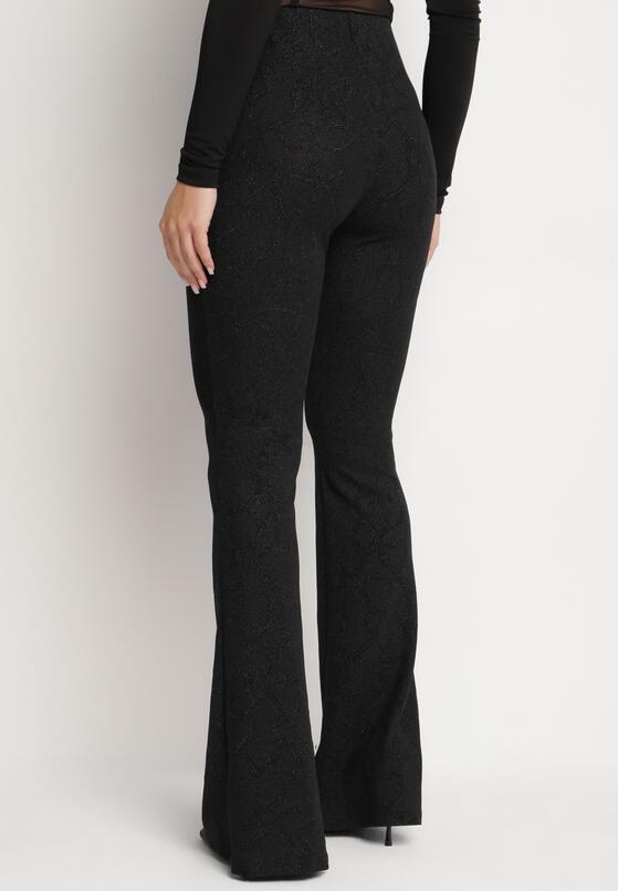 Czarne Brokatowe Spodnie Dzwony High Waist z Wiskozą i Gumką w Pasie Emaleira 3