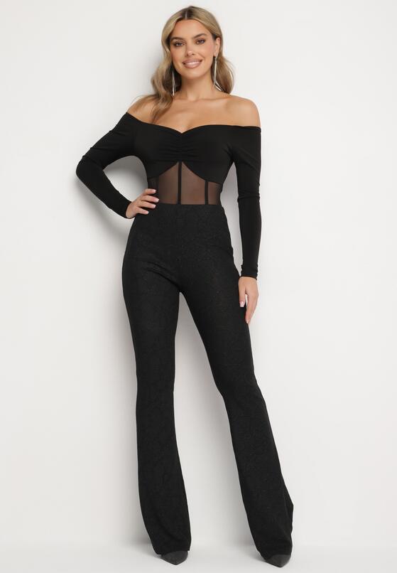 Czarne Brokatowe Spodnie Dzwony High Waist z Wiskozą i Gumką w Pasie Emaleira 4