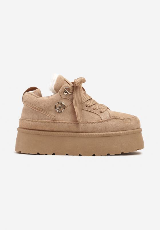 Ciemnobeżowe Sneakersy z Imitacji Zamszu na Platformie Ocieplane Futrem Sennalia 4
