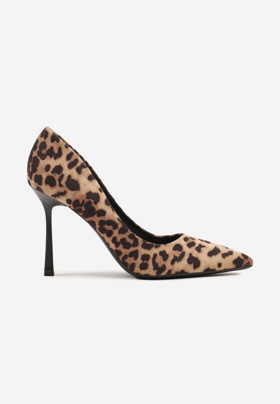 Brązowe Eleganckie Szpilki w Panterkę z Imitacji Zamszu ze Szpiczastym Noskiem Sanilora 4