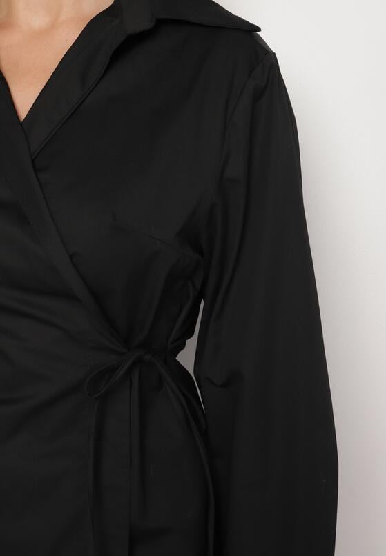 Czarna Bawełniana Bluzka Koszulowa Kimono z Asymetrycznym Wiązaniem Delwena 5