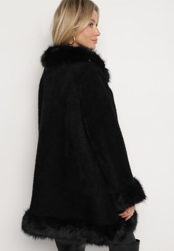 Czarny Rozkloszowany Płaszcz z Wiskozą Wełną i Odpinanym Futrzanym Kołnierzem Nesalttia 3