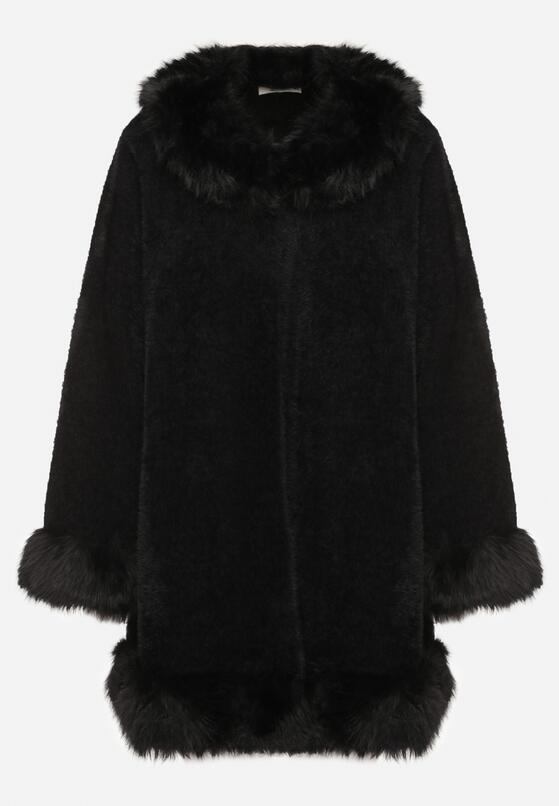 Czarny Rozkloszowany Płaszcz z Wiskozą Wełną i Odpinanym Futrzanym Kołnierzem Nesalttia 6