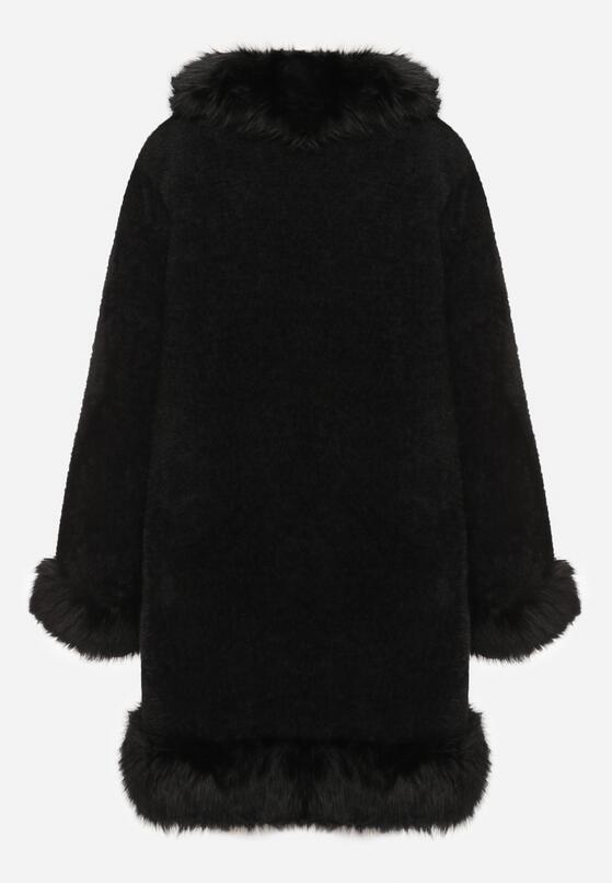 Czarny Rozkloszowany Płaszcz z Wiskozą Wełną i Odpinanym Futrzanym Kołnierzem Nesalttia 7