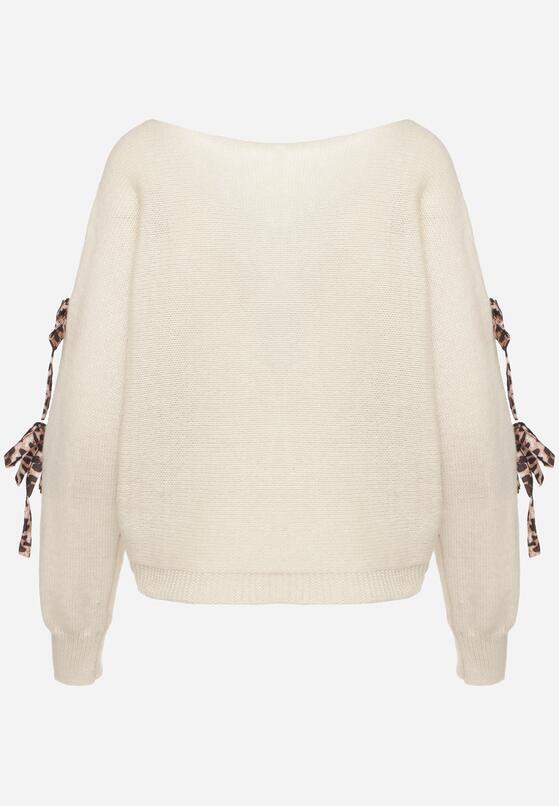 Beżowy Sweter z Moherem o Nietoperzowym Kroju z Ozdobnymi Wiązaniami w Panterkę Semiri 7