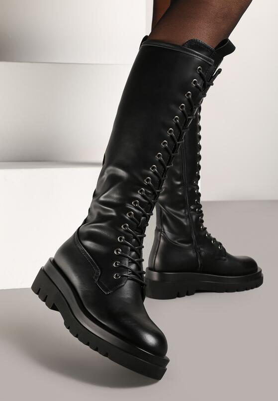 Czarne Płaskie Sznurowane Kozaki w Stylu Workerów Temili 2