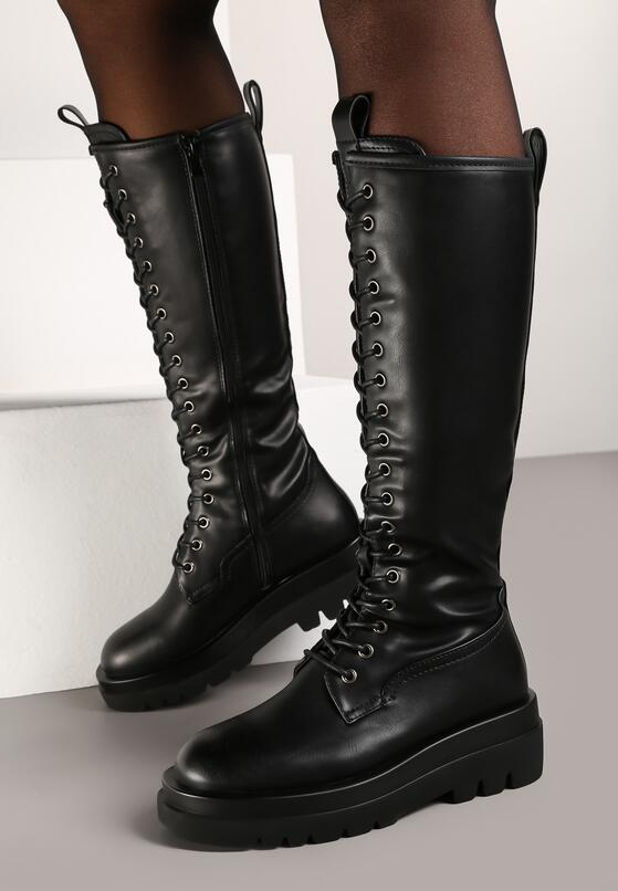 Czarne Płaskie Sznurowane Kozaki w Stylu Workerów Temili 1
