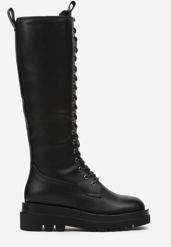 Czarne Płaskie Sznurowane Kozaki w Stylu Workerów Temili 4