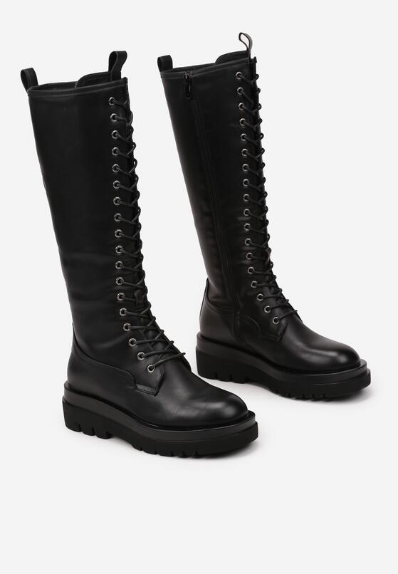 Czarne Płaskie Sznurowane Kozaki w Stylu Workerów Temili 5