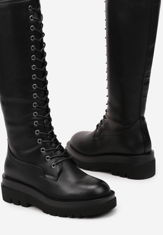 Czarne Płaskie Sznurowane Kozaki w Stylu Workerów Temili 6