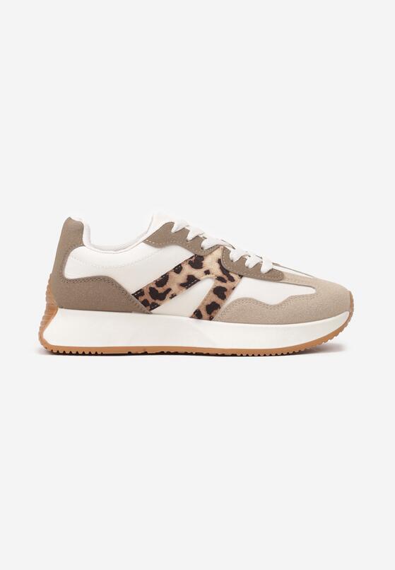 Beżowo-Białe Płaskie Sneakersy z Geometrycznym Wzorem w Panterkę Nawla 4