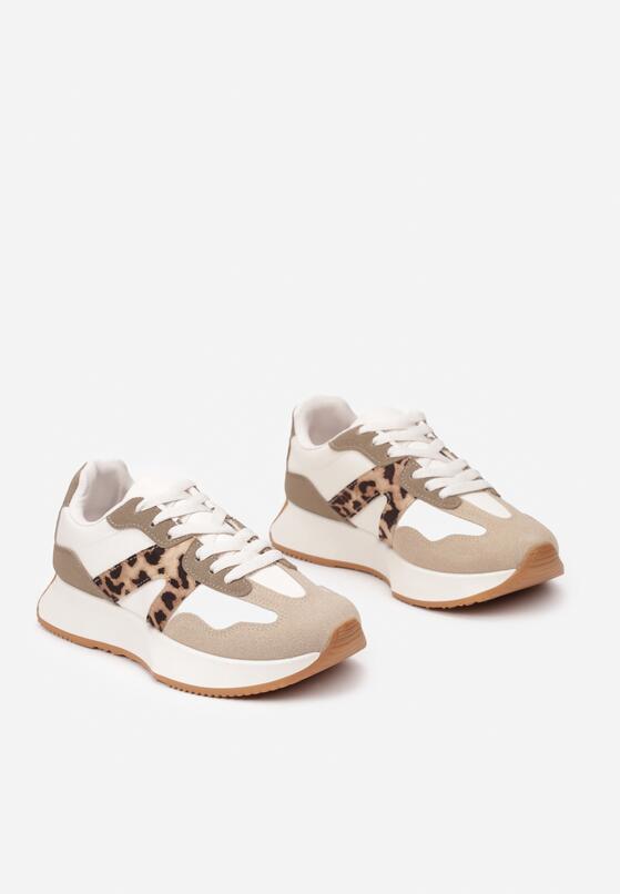 Beżowo-Białe Płaskie Sneakersy z Geometrycznym Wzorem w Panterkę Nawla 5