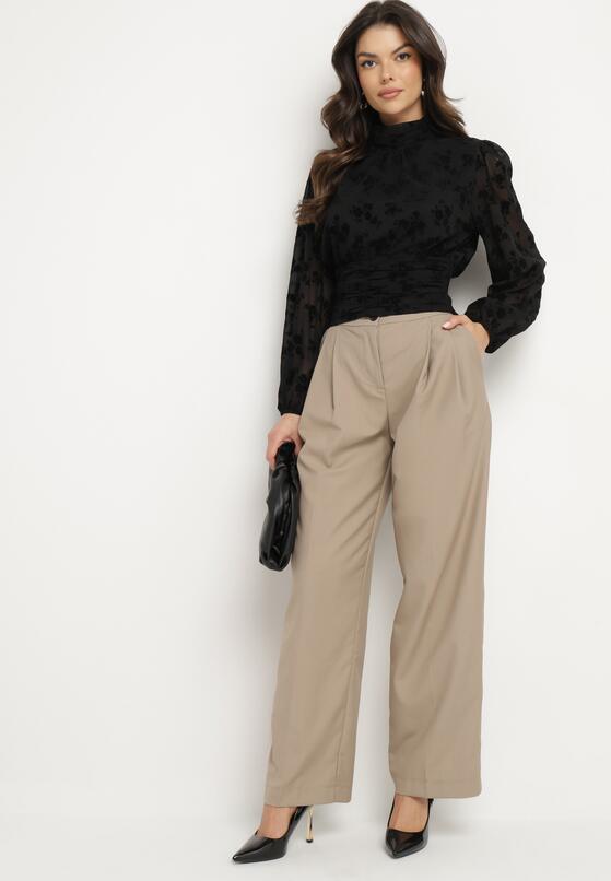 Beżowe Szerokie Spodnie Garniturowe High Waist Nalinas 2