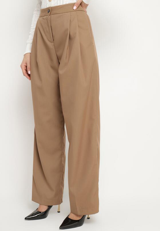 Ciemnobeżowe Szerokie Spodnie Garniturowe High Waist Nalinas 1