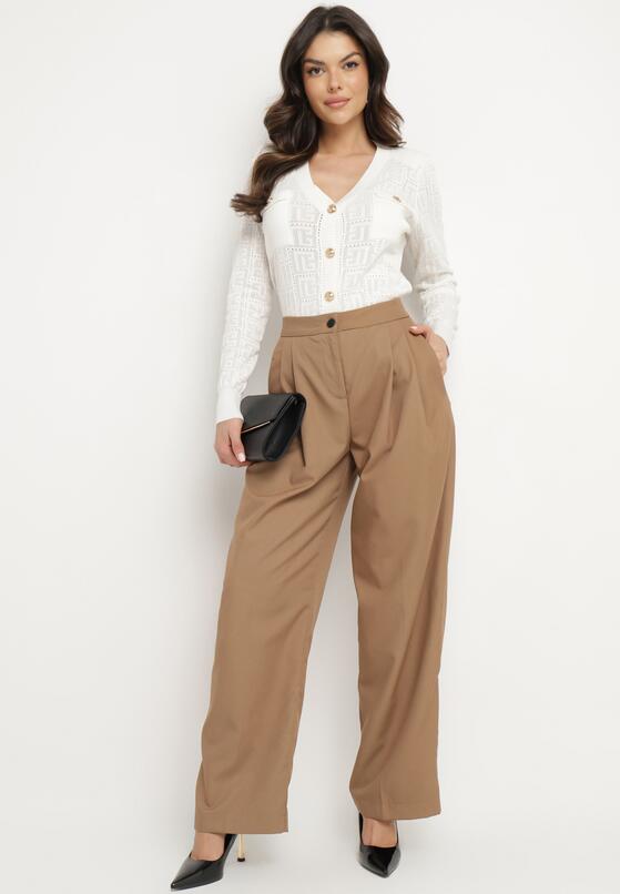 Ciemnobeżowe Szerokie Spodnie Garniturowe High Waist Nalinas 2
