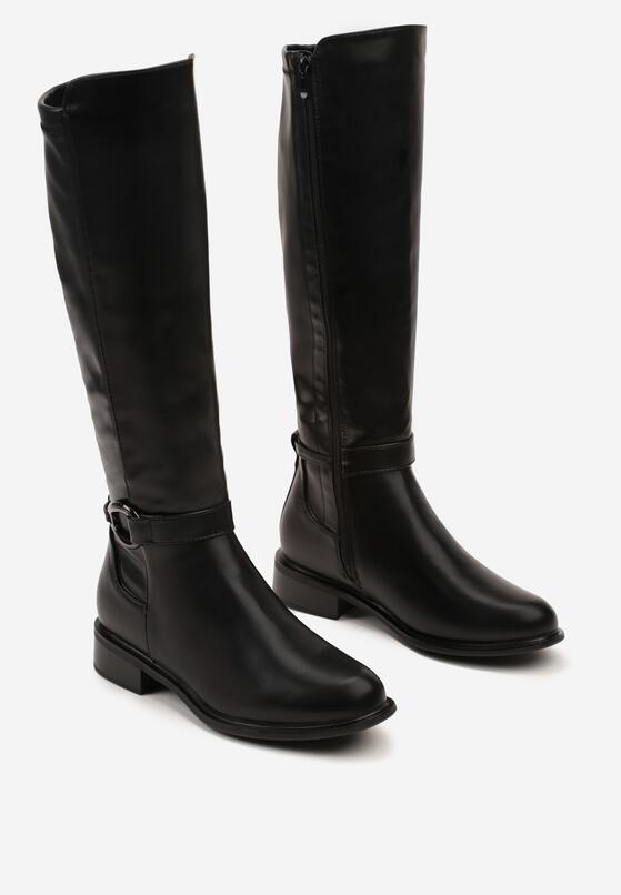 Czarne Płaskie Kozaki w Stylu Oficerek Ozdobione Klamrą z Ociepleniem Lanneth 5