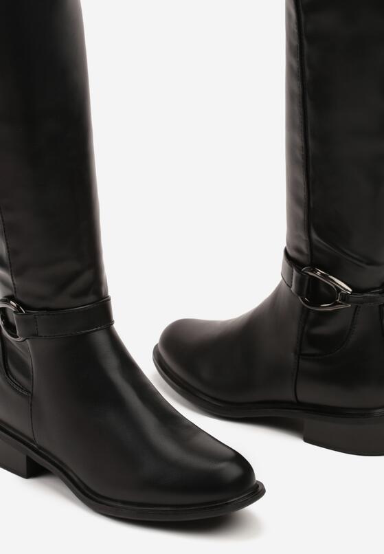 Czarne Płaskie Kozaki w Stylu Oficerek Ozdobione Klamrą z Ociepleniem Lanneth 6