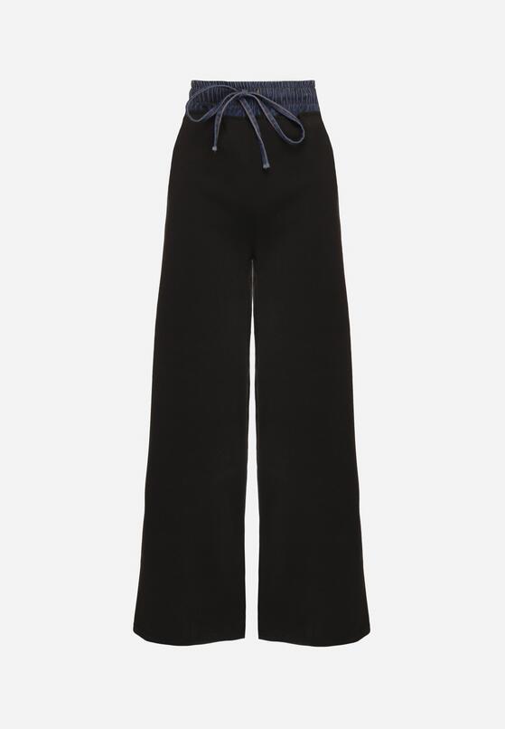 Czarne Szerokie Spodnie z Bawełną Wysokim Stanem i Wstawką Imitującą Jeans Tannira 6