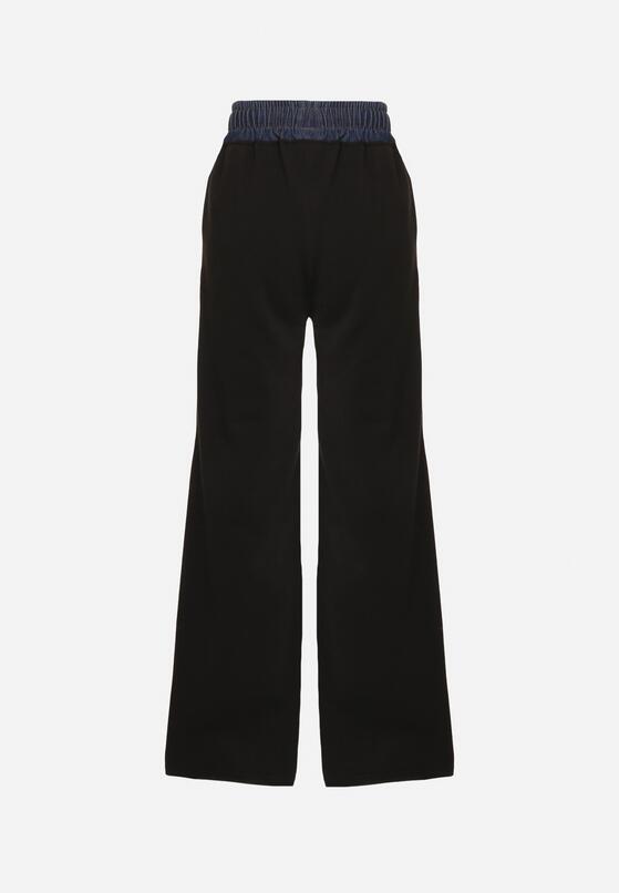 Czarne Szerokie Spodnie z Bawełną Wysokim Stanem i Wstawką Imitującą Jeans Tannira 7