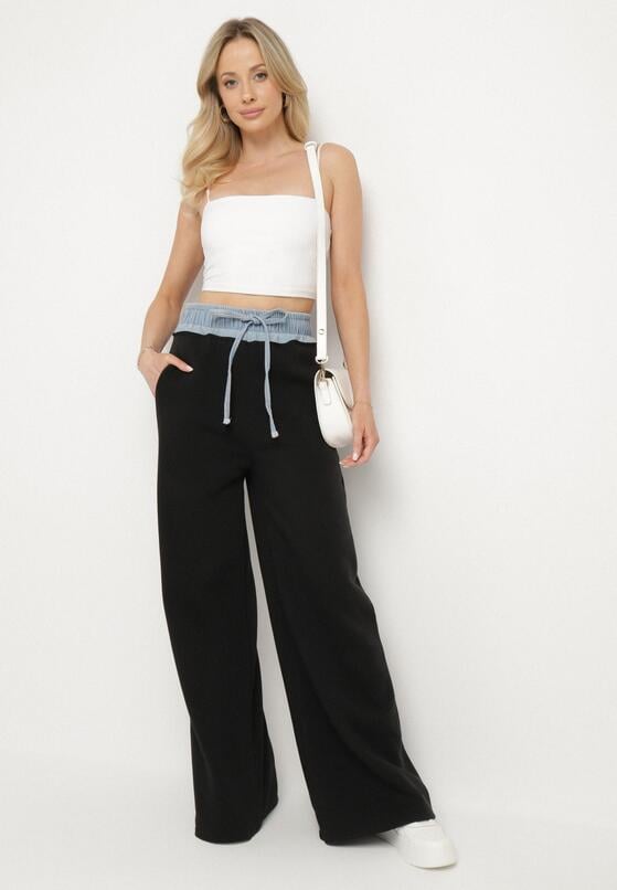 Czarno-Niebieskie Szerokie Spodnie z Bawełną Wysokim Stanem i Wstawką Imitującą Jeans Tannira 2