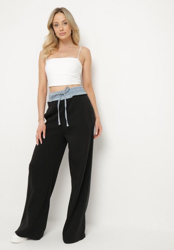 Czarno-Niebieskie Szerokie Spodnie z Bawełną Wysokim Stanem i Wstawką Imitującą Jeans Tannira 4