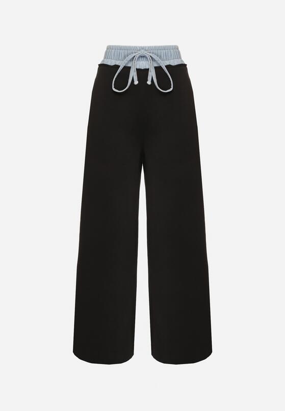 Czarno-Niebieskie Szerokie Spodnie z Bawełną Wysokim Stanem i Wstawką Imitującą Jeans Tannira 6