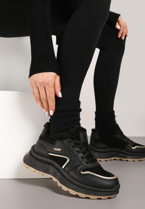 Czarne Sznurowane Sneakersy na Grubej Podeszwie z Ociepleniem i Metalicznymi Paskami Feliri 2
