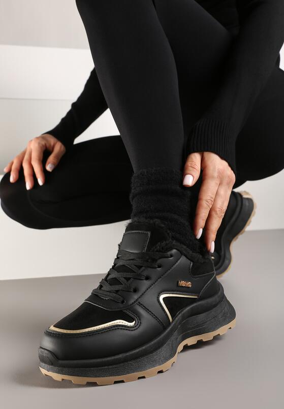 Czarne Sznurowane Sneakersy na Grubej Podeszwie z Ociepleniem i Metalicznymi Paskami Feliri 1