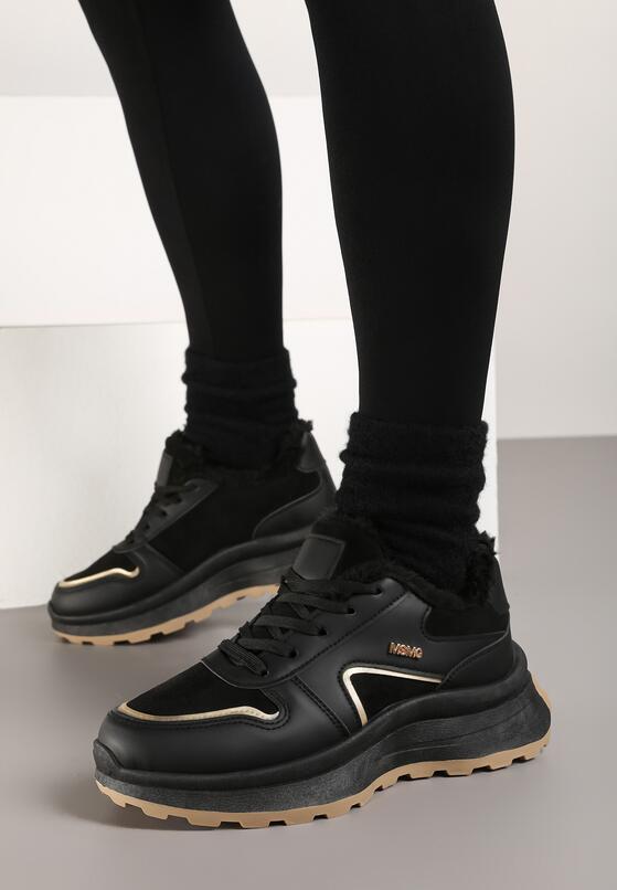 Czarne Sznurowane Sneakersy na Grubej Podeszwie z Ociepleniem i Metalicznymi Paskami Feliri 3