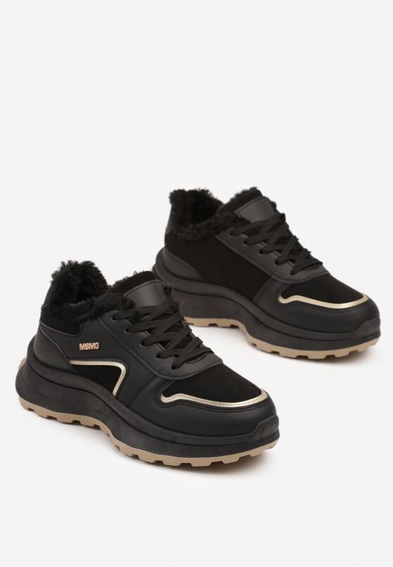 Czarne Sznurowane Sneakersy na Grubej Podeszwie z Ociepleniem i Metalicznymi Paskami Feliri 5