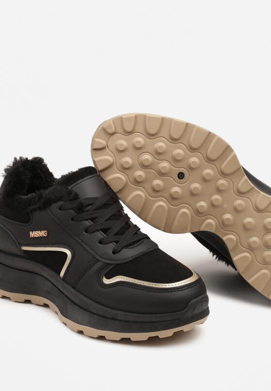 Czarne Sznurowane Sneakersy na Grubej Podeszwie z Ociepleniem i Metalicznymi Paskami Feliri 6