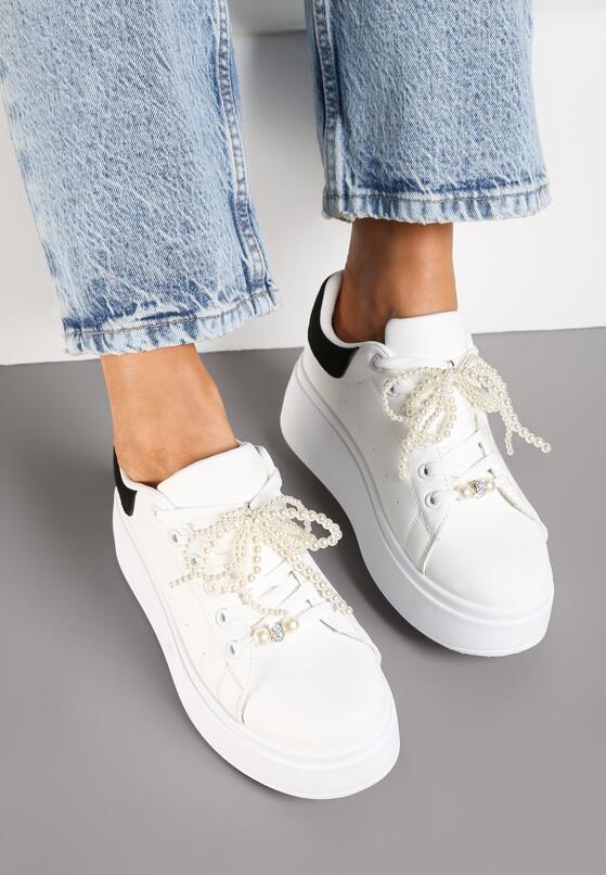 Biało-Czarne Sneakersy na Grubej Podeszwie Ozdobione Perełkami na Sznurówkach Sellira 3