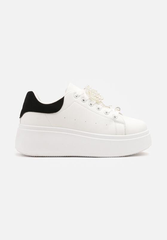 Biało-Czarne Sneakersy na Grubej Podeszwie Ozdobione Perełkami na Sznurówkach Sellira 4