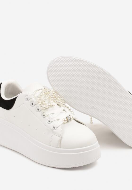 Biało-Czarne Sneakersy na Grubej Podeszwie Ozdobione Perełkami na Sznurówkach Sellira 6