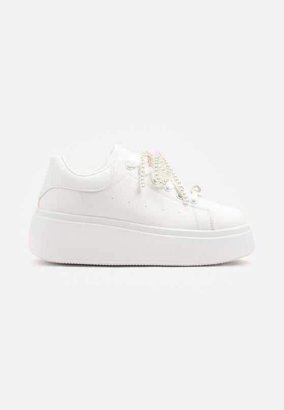 Białe Sneakersy na Grubej Podeszwie Ozdobione Perełkami na Sznurówkach Sellira 4